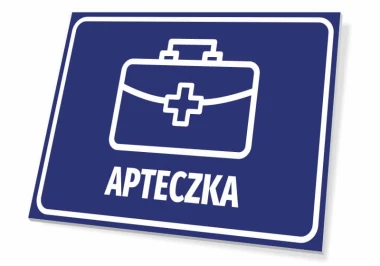 Tabliczka Apteczka - Wzór graficzny. Prostokątna tabliczka z niebieskim tłem, biała grafika apteczki i napis