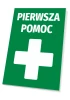 Tabliczka Pierwsza pomoc - Wzór graficzny. Zielone tło z białym krzyżem i napisem PIERWSZA POMOC