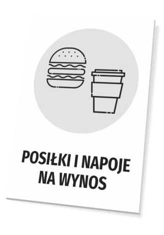 Tabliczka Posiłki i napoje na wynos - Wzór graficzny. Ikony hamburgera i kubka na białym tle