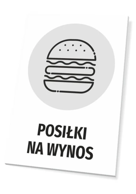 Prostokątna tabliczka informacyjna z napisem Posiłki na wynos oraz piktogramem burgera w szarym kole
