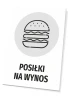 Tabliczka Posiłki na wynos - Wzór graficzny. Okrągły kształt z ikoną hamburgera i dużym napisem