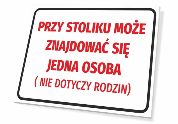 Tabliczka Przy stoliku może znajdować się jedna osoba - Wzór graficzny. Prosty prostokąt z czerwoną grafiką na białym tle