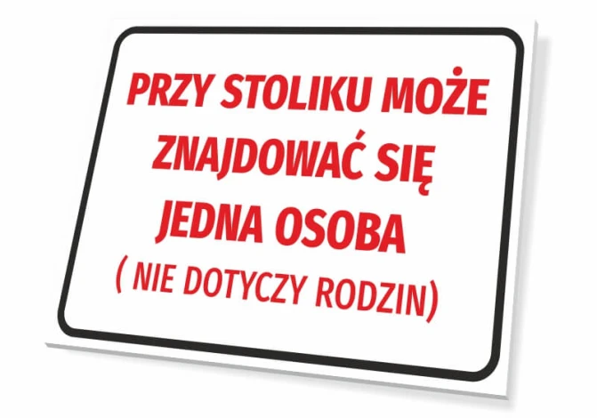 Tabliczka Przy stoliku może znajdować się jedna osoba - Wzór graficzny. Prosty prostokąt z czerwoną grafiką na białym tle