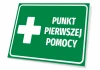 Tabliczka Punkt pierwszej pomocy T519 - Wzór graficzny. Prostokątna tabliczka z zielonym tłem i białym krzyżem oraz napisem