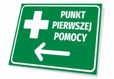 Tabliczka Punkt pierwszej pomocy T520 - Wzór graficzny. Prostokątna tabliczka z zielonym tłem, białym krzyżem i napisem