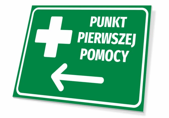 Tabliczka Punkt pierwszej pomocy T520 - Wzór graficzny. Prostokątna tabliczka z zielonym tłem, białym krzyżem i napisem