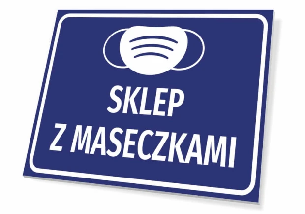 Niebieska tabliczka informacyjna z białym piktogramem maseczki i napisem SKLEP Z MASECZKAMI na białym tle