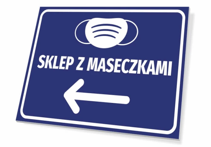 Tabliczka Sklep z maseczkami T505 - Wzór graficzny. Prostokątna tabliczka z niebieskim tłem, białym napisem i piktogramem