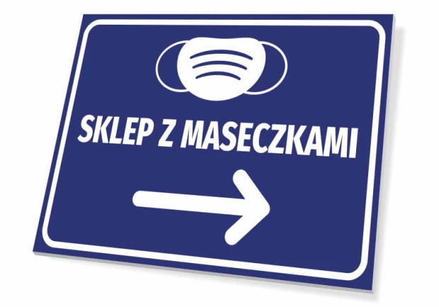 Tabliczka Sklep z maseczkami T506 - Wzór graficzny. Prostokątna tabliczka z niebieskim tłem, białym napisem i piktogramem