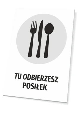 Tabliczka Tu odbierzesz posiłek - Wzór graficzny. Na szarym tle znajdują się czarne ikony widelca, noża i łyżki