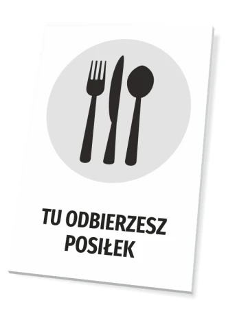 Tabliczka Tu odbierzesz posiłek - Wzór graficzny. Na szarym tle znajdują się czarne ikony widelca, noża i łyżki