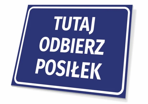 Niebieska tabliczka informacyjna z białym napisem Tutaj odbierz posiłek i ramką, pokazana na białym tle