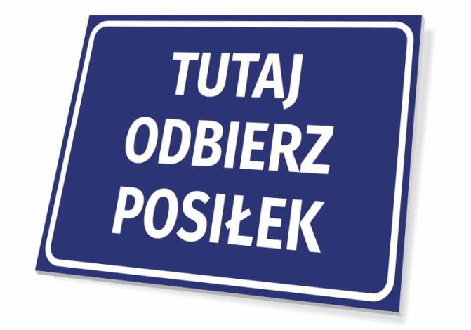 Tabliczka Tutaj odbierz posiłek - Wzór graficzny. Prostokątna tabliczka z niebieskim tłem i białym tekstem