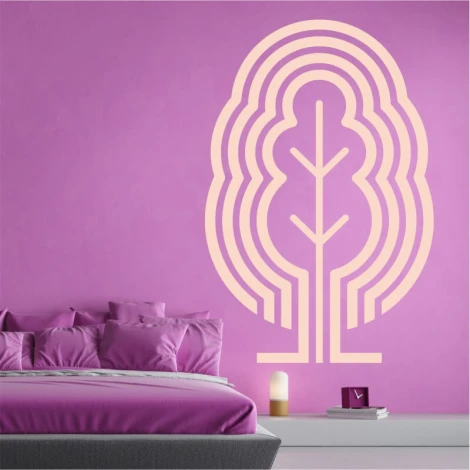 Naklejka na ścianę drzewo abstrakcja 2537 - Aranżacja w sypialni. Ściany w kolorze różowym, łóżko z poduszkami w odcieniach