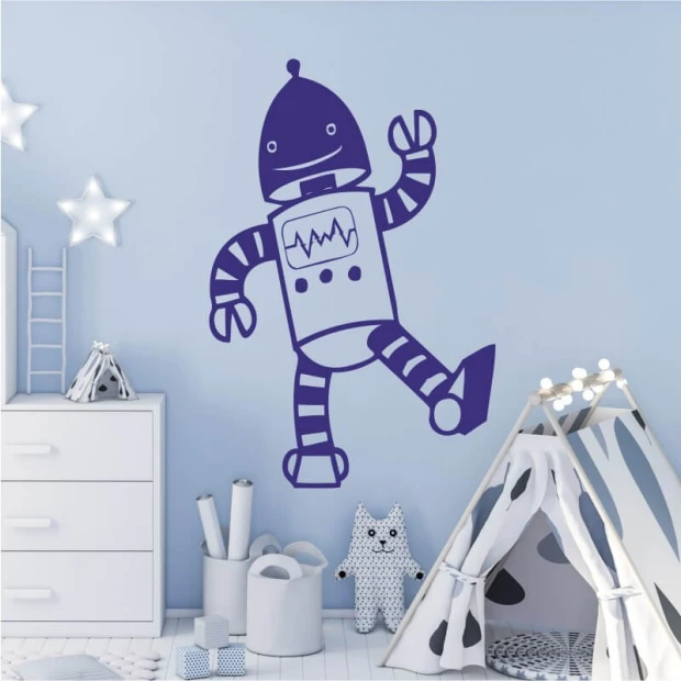 Naklejka na ścianę robocik 2528 - Aranżacja w pokoju dziecięcym. Ściany w jasnym kolorze, meble w białym i szarym