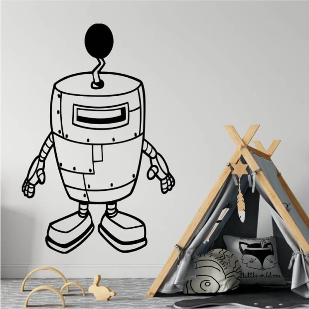 Naklejka na ścianę robot 2525 - Aranżacja w pokoju dziecięcym. Ściany w jasnych kolorach, obok namiot do zabawy
