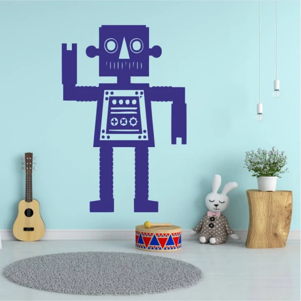 Naklejka na ścianę robot 2526 - Aranżacja w pokoju dziecięcym. Ściany w jasnym kolorze, podłoga z dywanem