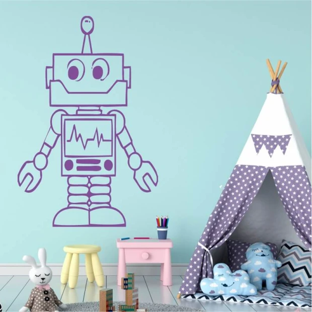 Szablon do malowania robot 2527 - Aranżacja w pokoju dziecięcym. Ściany w jasnym kolorze, namiot w szaro-białe gwiazdki