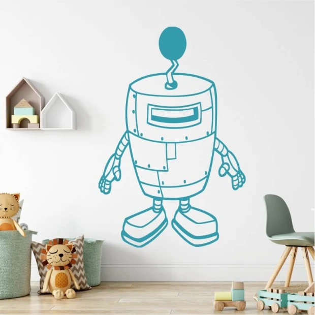 Szablon na ścianę robot 2525 - Aranżacja w pokoju dziecięcym. Ściany w jasnych kolorach, meble w pastelowych odcieniach
