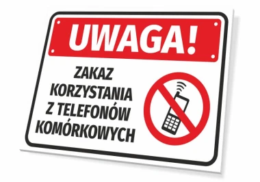 Tabliczka Zakaz korzystania z telefonów komórkowych T529 - Wzór graficzny. Czerwony prostokąt z białym napisem i symbolem