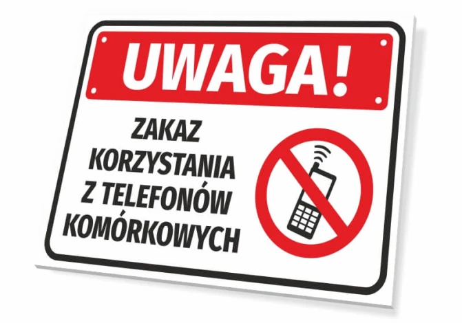 Tabliczka Zakaz korzystania z telefonów komórkowych T529 - Wzór graficzny. Czerwony prostokąt z białym napisem i symbolem
