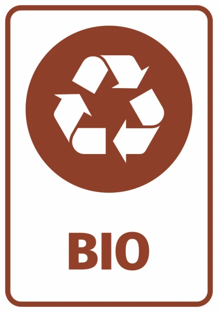 Brązowa naklejka informacyjna na kosz z białym piktogramem recyklingu i napisem BIO na białym tle