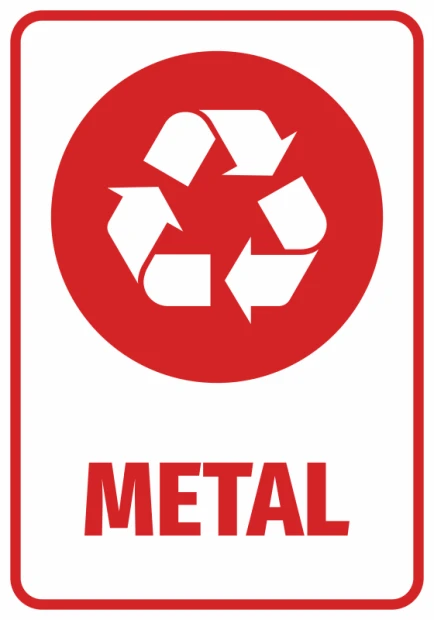 Naklejka na kosz Metal - Wzór graficzny. Czerwone tło z białymi symbolami i napisem METAL