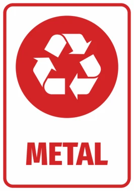 Naklejka na kosz Metal - Wzór graficzny. Czerwone tło z białymi symbolami i napisem METAL