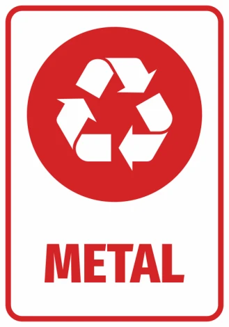 Naklejka na kosz Metal - Wzór graficzny. Czerwone tło z białymi symbolami i napisem METAL