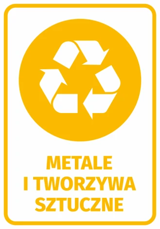 Naklejka na kosz Metale i tworzywa sztuczne - Wzór graficzny. Okrągły symbol recyklingu z trzema strzałkami w kolorze białym