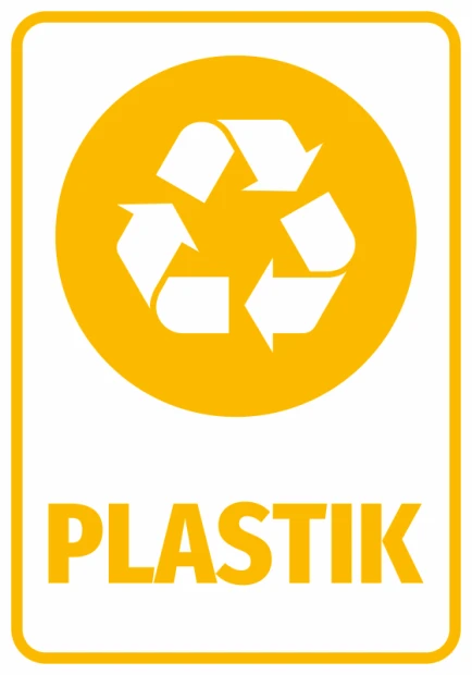 Naklejka na kosz Plastik - Wzór graficzny. Okrągły kształt z symbolem recyklingu i napisem PLASTIK