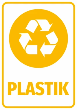 Naklejka na kosz Plastik - Wzór graficzny. Okrągły kształt z symbolem recyklingu i napisem PLASTIK