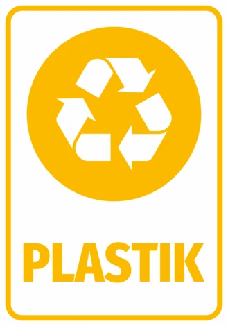 Naklejka na kosz Plastik - Wzór graficzny. Okrągły kształt z symbolem recyklingu i napisem PLASTIK