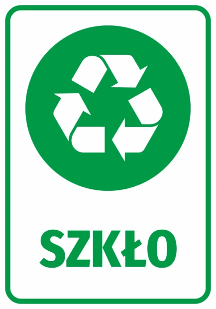 Zielona naklejka informacyjna na kosz z białym piktogramem recyklingu i napisem SZKŁO na białym tle
