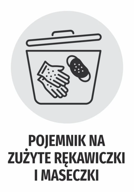 Naklejka Pojemnik na zużyte rękawiczki i maseczki - Wzór graficzny. Grafika przedstawia pojemnik z rękawiczkami i maseczką