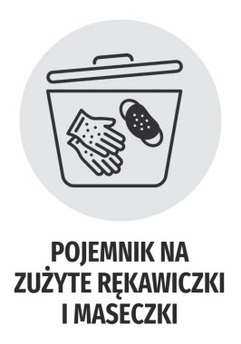 Naklejka Pojemnik na zużyte rękawiczki i maseczki - Wzór graficzny. Grafika przedstawia pojemnik z rękawiczkami i maseczką