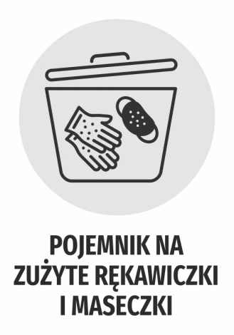 Naklejka Pojemnik na zużyte rękawiczki i maseczki - Wzór graficzny. Grafika przedstawia pojemnik z rękawiczkami i maseczką