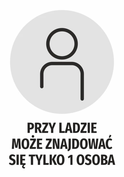 Naklejka BHP z szarym piktogramem sylwetki i czarnym napisem Przy ladzie może znajdować się tylko 1 osoba