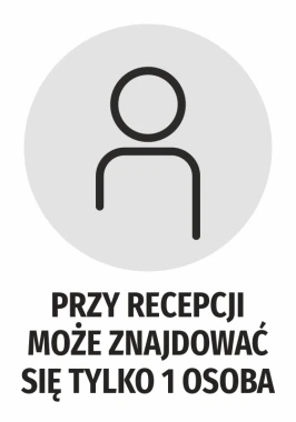 Naklejka Przy recepcji może znajdować się tylko 1 osoba - Wzór graficzny. Okrągły kształt z ikoną postaci i dużym tekstem
