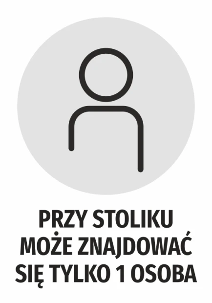 Naklejka Przy stoliku może znajdować się tylko 1 osoba - Wzór graficzny. Okrągła forma z ikoną postaci na szarym tle