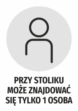 Naklejka Przy stoliku może znajdować się tylko 1 osoba - Wzór graficzny. Okrągła forma z ikoną postaci na szarym tle