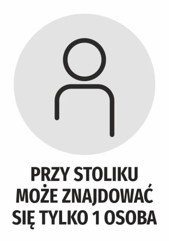 Naklejka Przy stoliku może znajdować się tylko 1 osoba - Wzór graficzny. Okrągła forma z ikoną postaci na szarym tle