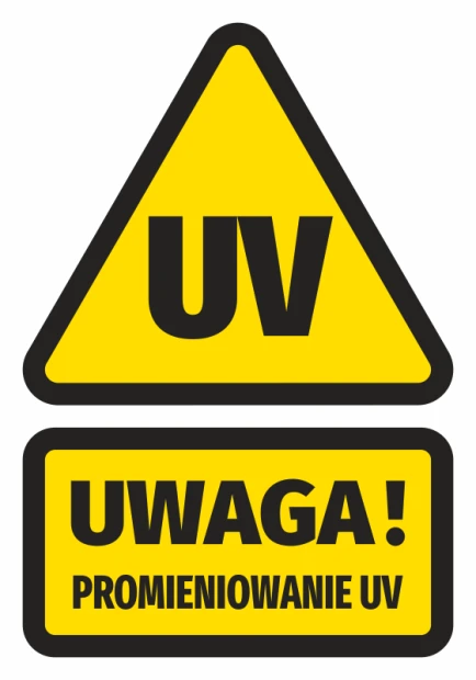 Żółta naklejka ostrzegawcza BHP z czarnym trójkątem UV i napisem Uwaga Promieniowanie UV na białym tle