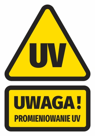 Naklejka Uwaga Promieniowanie UV - Wzór graficzny. Żółty trójkąt z czarnym napisem UV oraz prostokąt z napisem Uwaga!