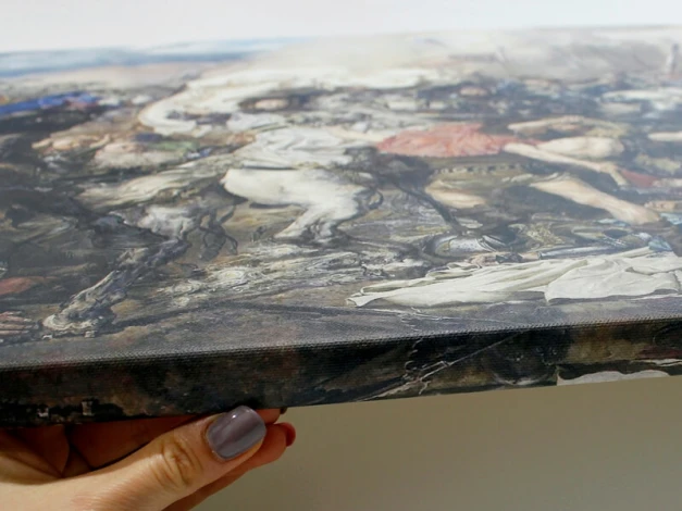 Płótno canvas do druku - Wzór graficzny. Obraz przedstawia dynamiczną scenę z postaciami i detalami w różnych kolorach