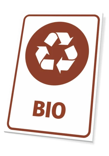 Prostokątna tabliczka informacyjna na kosz z brązowym napisem BIO i piktogramem recyklingu na białym tle