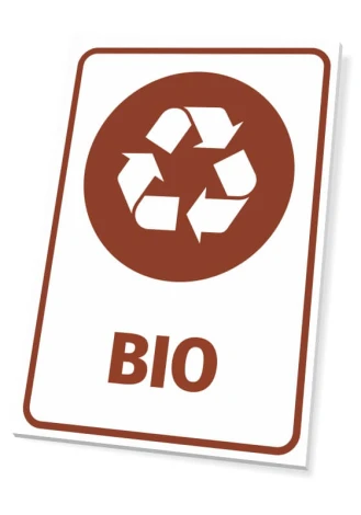 Tabliczka na kosz Bio - Wzór graficzny. Okrągły symbol recyklingu w brązowym kolorze z napisem BIO