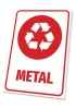 Tabliczka na kosz Metal - Wzór graficzny. Czerwony symbol recyklingu na białym tle z napisem METAL