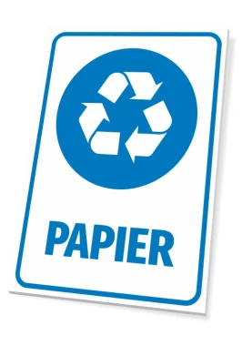Tabliczka na kosz Papier - Wzór graficzny. Okrągły symbol recyklingu z niebieskimi strzałkami i napisem Papier