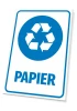 Tabliczka na kosz Papier - Wzór graficzny. Okrągły symbol recyklingu z niebieskimi strzałkami i napisem Papier